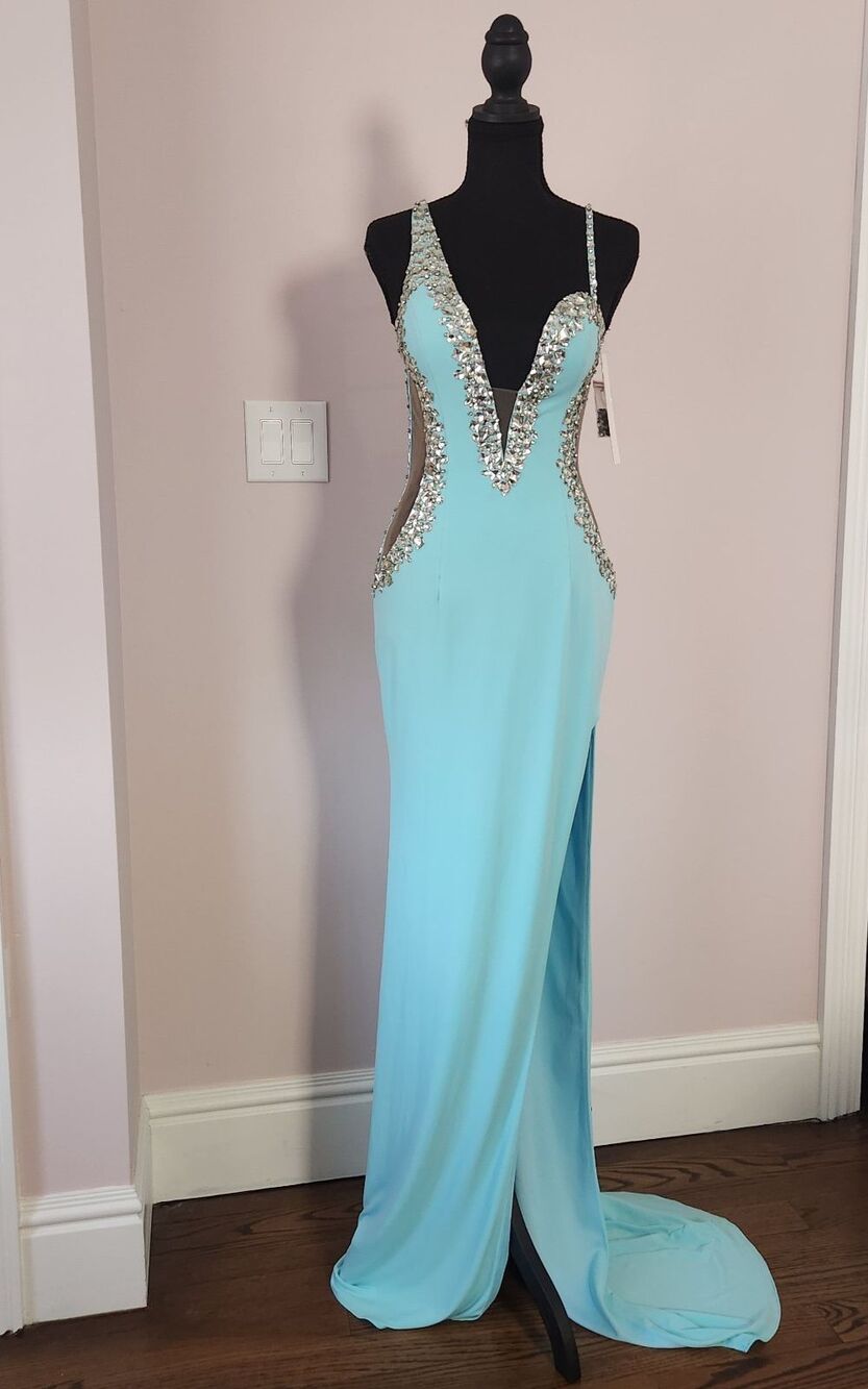 NWT-Jovani Couture Beaded Plunge Gown Tiffany Blue Slit Dress-Size 4